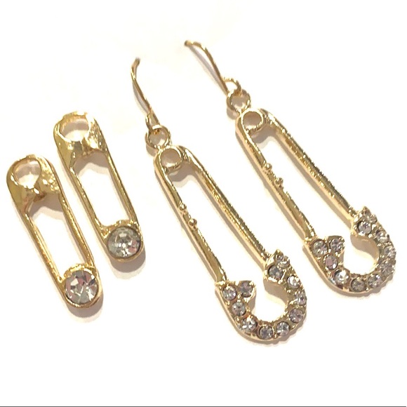 Safety Pin Earrings 2 Pairs Gold Tone Clear Rhinestones - Picture 1 of 4